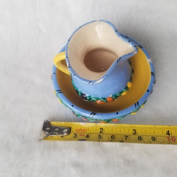 Vintage Italian Cream Pitcher and Mini Bowl Floral 3D Ornament Hand Painted - Picture 10 of 10